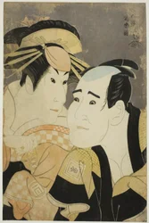 Los actores Ichikawa Tomiemon (R) como Kanisaka Toma y Sanogawa Ichimatsu III (L) como la prostituta de Gion Onayo