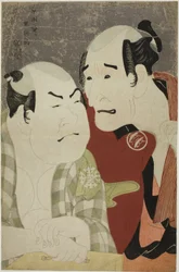 Los actores Nakajima Wadaemon (D) como Bodara Chozaemon y Nakamura Konozo (I) como Gon del barquero Kanagawaya