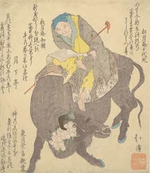 Sabio chino leyendo mientras monta un búfalo, ca. 1820