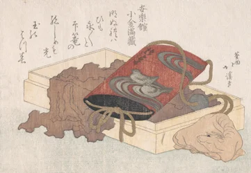 Inro de laca con aves acuáticas y netsuke en forma de buey en una caja de la Lluvia de Primavera, probablemente 1817