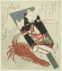Slaghout con retrato de Ichikawa Danjûrô VII y langostinos