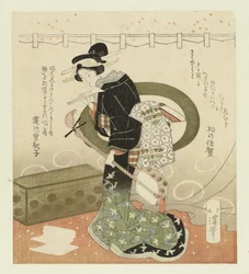 Mujer con shamisén Pentáptico sobre admirar las flores (título de la serie) Hanami gobantsuzuki (título de la serie sobre el objeto)