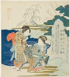 Mujeres leyendo una inscripción en estela, de la serie los "Doce santuarios de Yotsuya (Yotsuya juni so)"