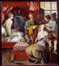 Hyante y Clymene en su tocador. Hyante (Hyanthe) y Clymene, dos hijas del Rey de Creta que albergan a Francus, enamorado de este héroe, están ocupadas en su tocador para seducir. Pintura de Toussaint Dubreuil (1561-1602). Dim. 1,07x0,96 m