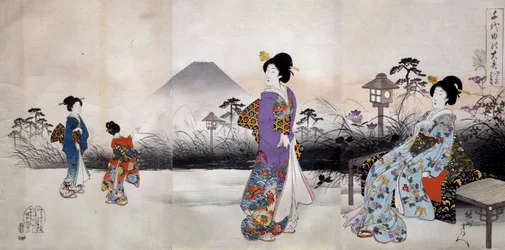 Mujeres japonesas caminando frente al Monte Fuji. Estampa japonesa de Toyohara Chikanobu (1838-1912) 1896. Colección privada