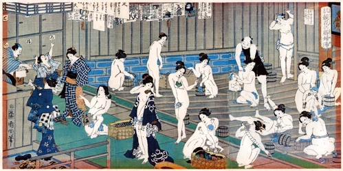 Escena de casa de baños, un grabado de Toyohara Kunichika, siglo XIX