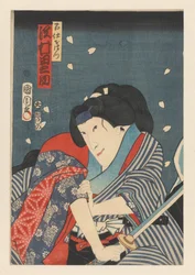 Ohatsu, blandiendo una espada, ataca a Iwafuji
Sawamura Tanosuke III como Ohatsu (título en el objeto)