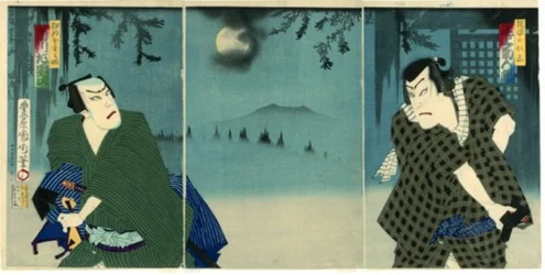 Onoe Kikugorō V como Daiba no Jinzō e Ichikawa Sadanji I como Itamiya Jubei