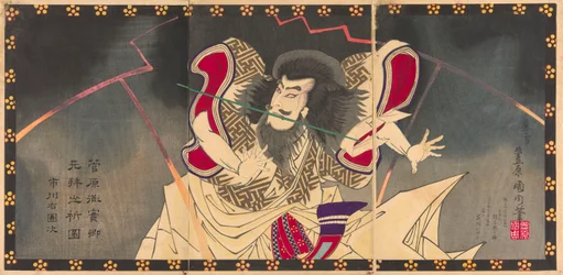 El actor Ichikawa Udanji I como Sugawara no Michizane en la obra "Shinrei Sugawara Jikki," representada en el Teatro Haruki en el cuarto mes de 1883