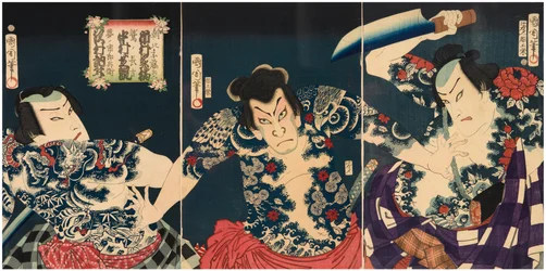 Los actores de kabuki (de derecha a izquierda) Ichimura Kakitsu IV como Asahina Tobei, Nakamura Shikan IV como Washi no Chokichi y Sawamura Tosshi II como Yume no Ichirobei, IV/1868