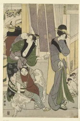 pescadero El cuarto mes, un tríptico Yongatsu, sanbukutsui (título sobre objeto) Los doce meses de Toyohiro y Toyokuni (título de la serie) Toyohiro Toyokuni ryoga juniko (título de serie en objeto)