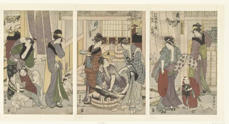 pescadero El cuarto mes, un tríptico Yongatsu, sanbukutsui (título sobre objeto) Los doce meses de Toyohiro y Toyokuni (título de la serie) Toyohiro Toyokuni ryoga juniko (título de serie en objeto)