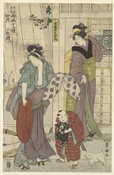 pescadero El cuarto mes, un tríptico Yongatsu, sanbukutsui (título sobre objeto) Los doce meses de Toyohiro y Toyokuni (título de la serie) Toyohiro Toyokuni ryoga juniko (título de serie en objeto)