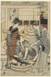pescadero El cuarto mes, un tríptico Yongatsu, sanbukutsui (título sobre objeto) Los doce meses de Toyohiro y Toyokuni (título de la serie) Toyohiro Toyokuni ryoga juniko (título de serie en objeto)