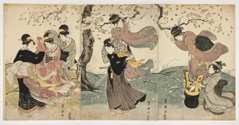 Arte japonés: Flores en el viento (escena con mujeres y un hombre colgando serpentinas de las ramas de un árbol) - Impresión de Utagawa Toyokuni (1769-1825) linograbado (37,8x75,9), alrededor de 1797-1800 - Academia de Artes de Honolulu