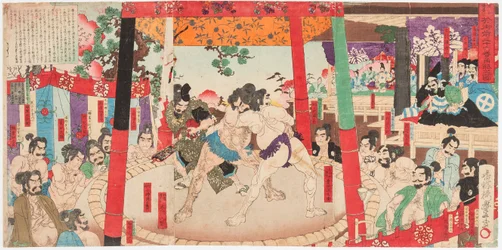 Combat de sumo devant Toyotomi Hideyoshi 1537-1598) et Kato Kiyomasa (1562-1611). Estampe de Utagawa Toyono bu (1859-1886)