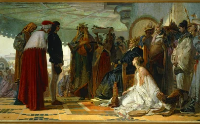 Marco Polo ante el Gran Khan de los Tártaros ... (pintura sobre lienzo)