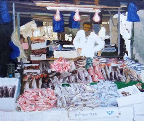 Puesto de pescado (Ridley Road, Londres), 2009 (óleo sobre lienzo)