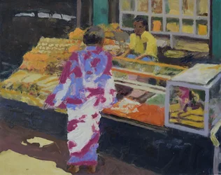 Puesto del mercado (Bombay), 2016 (óleo sobre lienzo)