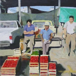 Tres hombres vendiendo tomates (San Juan, Argentina), 2014 (óleo sobre tabla)