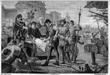 Absolución de la antigua ley de cypers en Burdeos en 1453. Grabados del siglo XIX después del dibujo de Garnier Trichon.