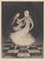 Mujer bailando con un loro
