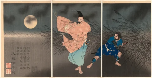 Fujiwara no Yasumasa tocando su flauta a la luz de la luna