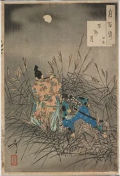 Fujiwara no Yasumasa tocando la flauta a la luz de la luna en un páramo abierto