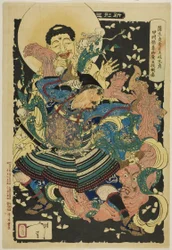 El sirviente de Gamo Sadahide, Toki Motosada, arrojando al suelo a un rey demonio en el monte Inahana, de la serie "Nuevas formas de treinta y seis fantasmas (Shinkei sanjuroku kaisen)".