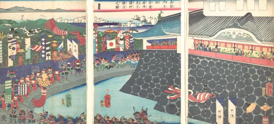 Hideyoshi y sus tropas saliendo del campamento de Nagoya Mashiba Hideyoshi ko nagoya jin saki, siglo XIX