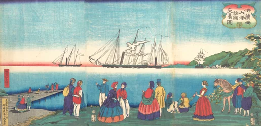 Ilustración de un gran puerto francés que comercia con muchas naciones, Furansukoku oomi..., 4.º mes, 1866.
