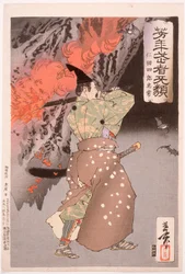 Nitta Shirō Tadatsune entrando en una cueva con una antorcha