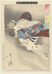 Anciana volando con su brazo amputado Roba kiwan o mochisaru zu (título sobre objeto) Nuevas apariciones de 36 fantasmas Shinkei sanjurokkaisen (título de la serie sobre el objeto)