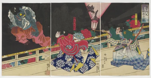 Imagen de Kusunoki Tamonmaru conquistando al viejo tejón, 1860