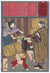 El hijo de Horisaka Sahei atado a una bala de arroz