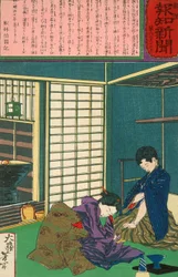 La geisha Umekichi suplica a Nakajima Seibi que se separe de ella y vuelva a sus estudios