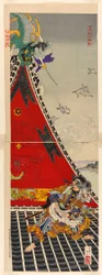 Los dos valientes hombres Inuzuka Shino e Inugai Genpachi luchando en el techo de Horyukaku (Horyukaku ryoyu tsutomu)