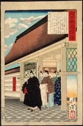 Tokugawa Ieyasu a la entrada de un palacio