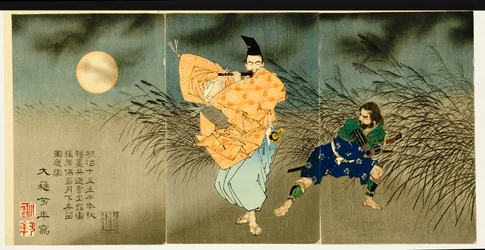 Tríptico de "Fujiwara No Yasumasa tocando la flauta a la luz de la luna"