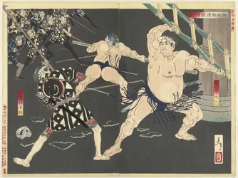 Pelea entre bomberos y luchadores de sumo en el Templo Shinmei Shinmei sumo toso no zu (título sobre objeto) New Brocades from the East (título de la serie) Shinsen Azuma nishiki (título de serie en objeto)