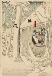 Tríptico de xilografía - Gentoku visitando a Komei en su retiro, en una tormenta de nieve, finales del siglo XIX