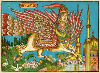 Al-Bourak (Al Bourak) (Buraq, Bouraq, Burak), caballo alado con cabeza de mujer y cola de pavo real, sobre el cual Mahoma, guiado por el arcángel Gabriel, viajó de noche desde La Meca hasta Al-Aqsa. Imaginería popular, Túnez