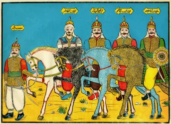 Los mamelucos, héroes legendarios en la historia de Dhaher Bibars, en el siglo XIII. Imágenes populares, Túnez
