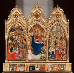 Predela con la vida de San Bartolomé, de Virgen y niño rodeados de ángeles y santos