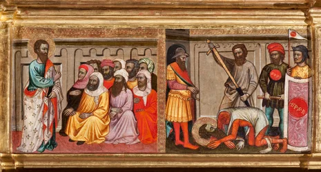 Predela con la vida de San Bartolomé, decapitado en Armenia, detalle de Virgen y niño rodeados de ángeles y santos