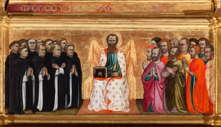 Predela con la vida de San Bartolomé, de Virgen y niño rodeados de ángeles y santos