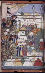 Agregar. 22011 f.199, Lala Mustafa Pasha en el campamento después de su victoria en Kars-Nusretname, de 