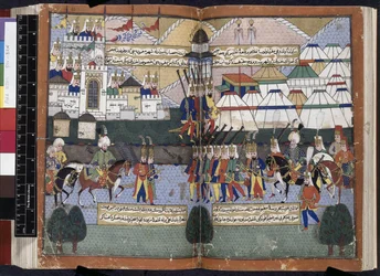 Agregar. 22011, ff.81v-82, ejército otomano de Lala Mustafa Pasha desfilando ante las murallas de Tiflis de 
