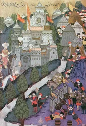 Batalla de Nicópolis, 25-28 de septiembre de 1396, facsímil de una miniatura conservada en el Museo Topkapi en Estambul