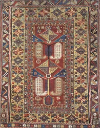 Primer plano de una alfombra de oración Melas, Anatolia, Turquía